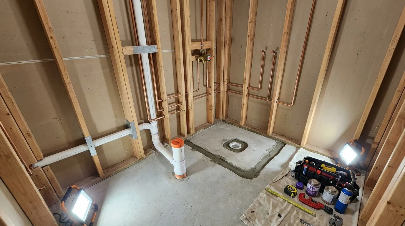 Bathroom rough-in plumbing during remodel by Johns Plumbing LLC in Shinglehouse