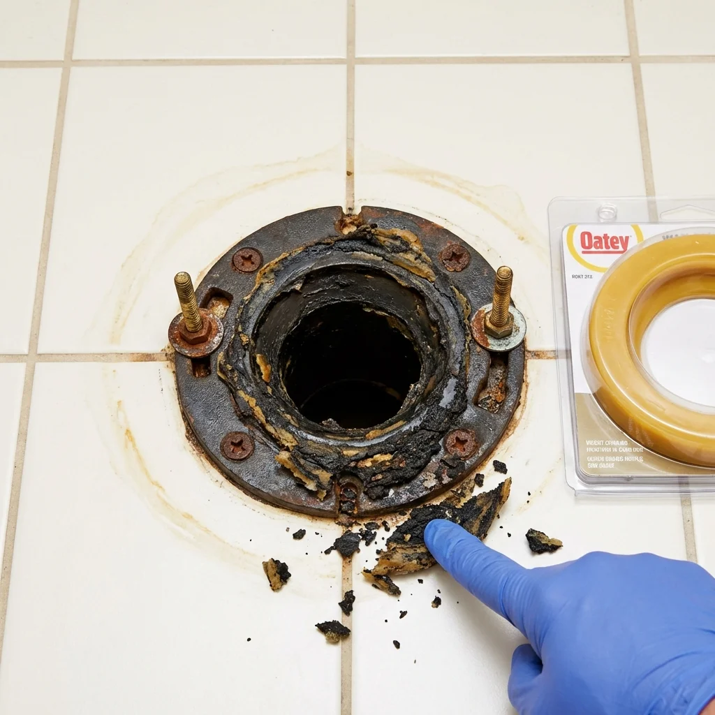 Failed wax ring showing water seepage at the base of a toilet in a Shinglehouse, PA home