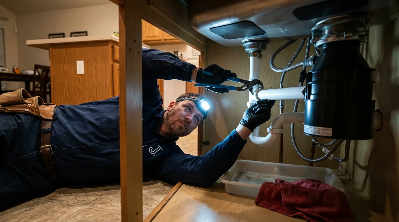 P-trap and supply line connections under a kitchen sink showing a common leak point in Shinglehouse, PA